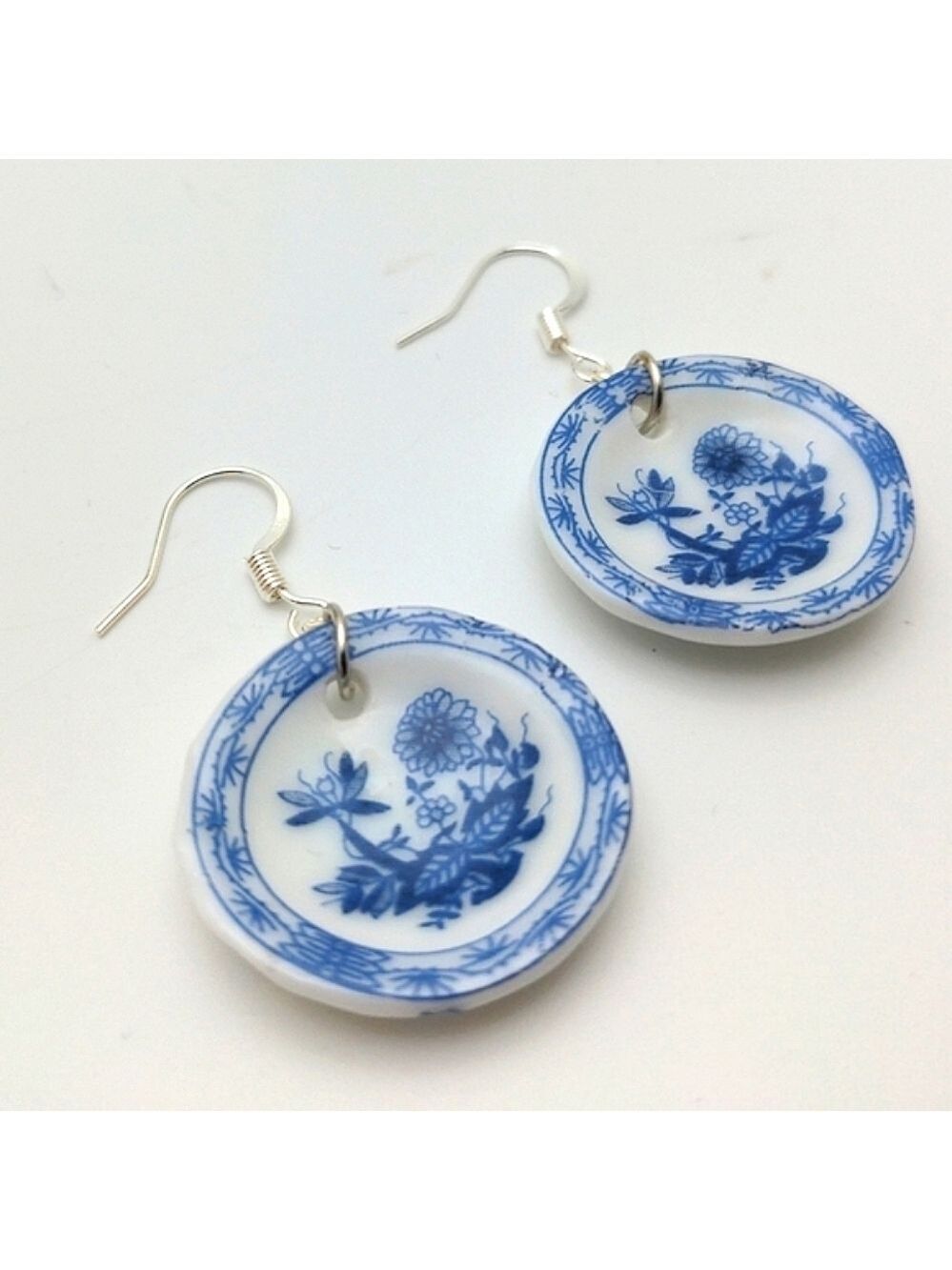 Blue White Floral Delft Ceramic Plate Earrings - Picture 1 of 7